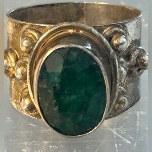 925 Sterling Silver Wide Band Ring with Oval Green Stone – Artisan Statement